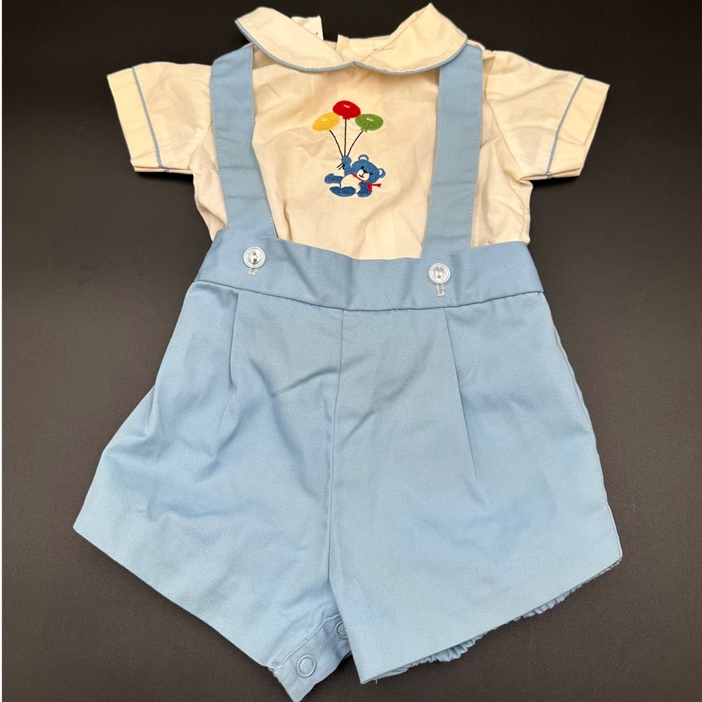 Vintage‎ Baby Overalls Top Set Embroidered Bear Balloons Blue Cream Infant